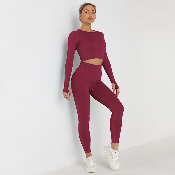 Eurooppalainen ja amerikkalainen neulottu yksivärinen saumaton pitkähihainen housupuku joogaan, urheiluun ja kuntoiluun, kaksiosainen setti 6095 long sleeve trousers suit-Black S