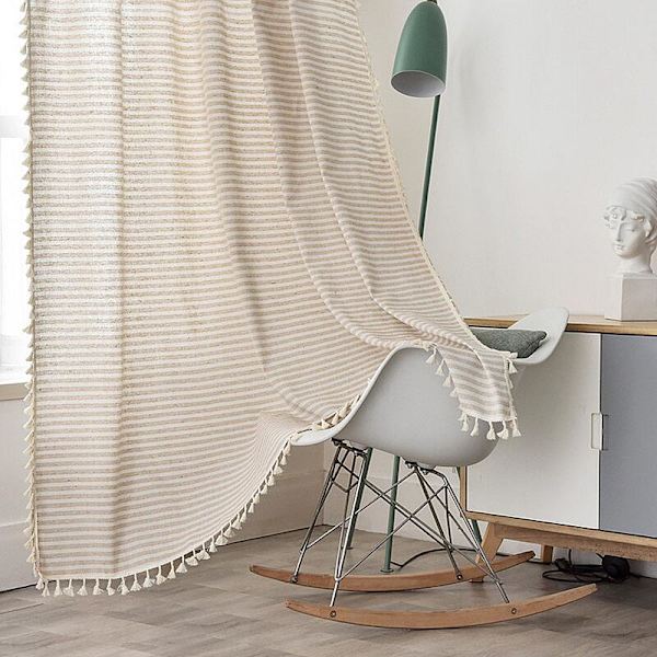 Yaapeet Puuvilla-pellavaverhot olohuoneeseen, maalaistalon tanko-oveen, vintage-sisustusverhot, beige raidallinen lyhyt ikkunaverho 2 W150cm X H215cm