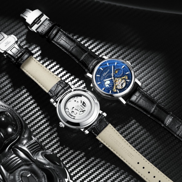 Månefase Hul Svinghjul Mekanisk Klokke Herreklokke Automatisk Selvlysende Remklokke Belt black shell black surface