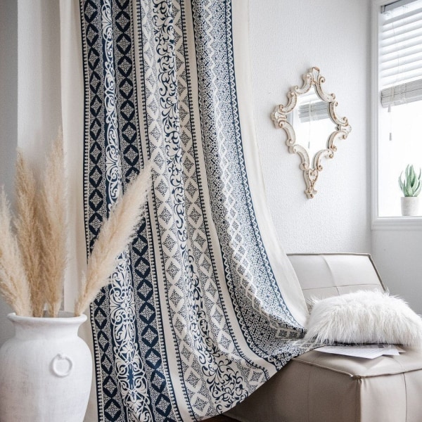 Boho Blå Gardiner Sæt Vindue Japansk Boligindretning Bomuld Linned Gardiner til Stue Soveværelse Køkken Semi-transmiss Forhæng B W150xL220cm