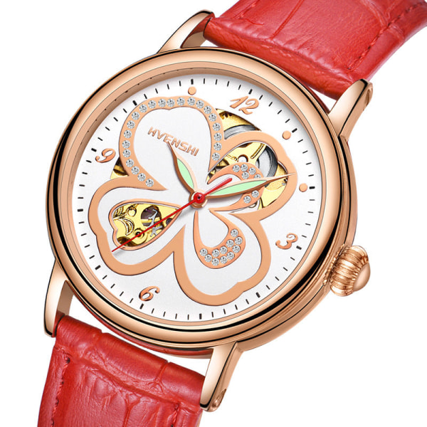 Huangshi Klocka Dam Hollow Luminous Automatisk Mekanisk Klocka Mode Bälte Business Damklocka YSW065S rose gold Red Ribbon
