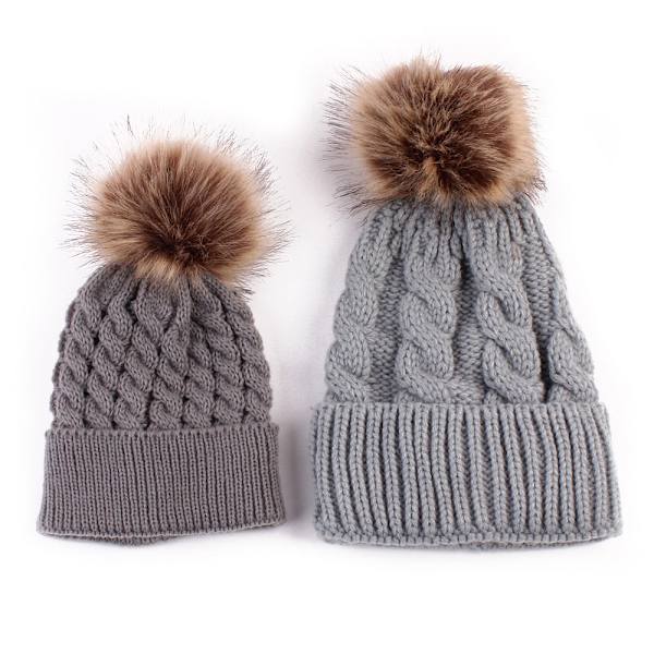 Kreativ Ny Efterår og Vinter Vild Pelskugle Varm Mor Baby Forældre-Barn Strikket Hue Khaki Adjustable