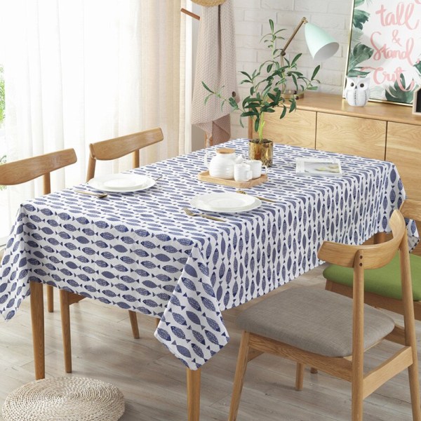 Tykkere duk i bomulls-linblanding med enkelt blått fisketrykk, japansk stil, vaskbar duk for bryllup og tebord no lace 140 X 140CM