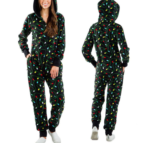 Julepysjamas i ett stykke for kvinner med hette, Santa-mønster, koselige jumpsuiter for voksne, festlig hjemmeklær Grid XL