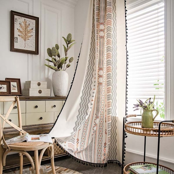 Nye gardiner i boheme-stil til stue, soveværelse, køkkenindretning, bomuldslinned, trykt stof, skygge, karnapgardin Beige W150xH160cm