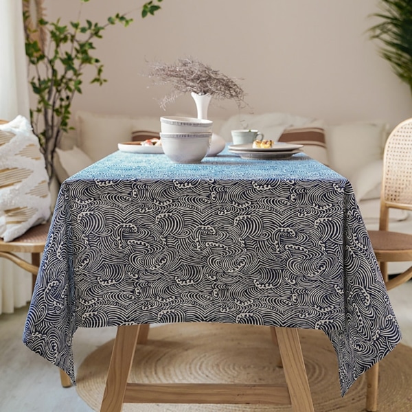 Japanilaistyylinen puuvillapellavainen pöytäliina, pestävä, suorakulmainen, sininen meren aaltoilu, koti, kahvi, ruokapöytä, takka, mikroaaltouunin suojus Checkered 140x300 cm