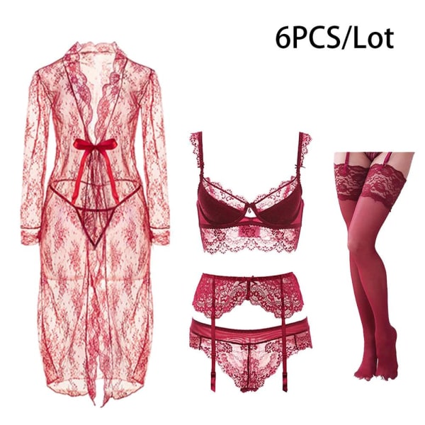 Varsbaby Seksikäs Aamutakki+Rintaliivit+Pikkuhousut+Sukat+Stringit+Sukkanauhaliivi 6 Osainen Naisten Red 36D