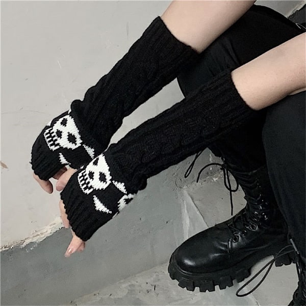 Goth Lange Fingerløse Armvarmer Handsker Armvarmere Piger Sorte Kranie Handsker Kvinder Strikkede Varme Handsker Punk EMO Mode Vanter Khaki 1 One Size