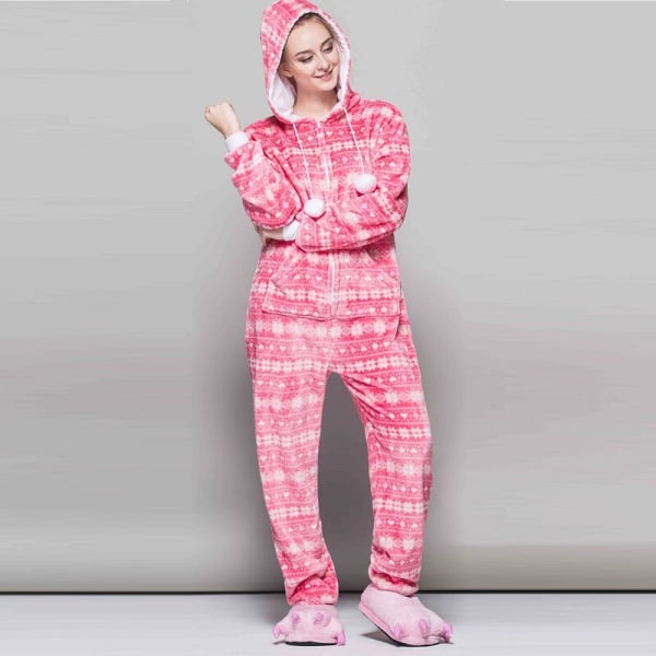 Kvinnor Snowflake Onesies Pyjamas Vinter Kigurumi Pyjamas Tecknad Röd Fågel Sexig Hooded Pijamas Sovkläder Onesies Pyjamas Pink XL