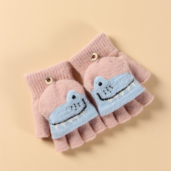 Småbørn Vinter Strikkede Fingerløse Tegneserie Handsker Tykke Varme Udendørs Skrive Konvertible Flip Top Halv Finger Vanter 6-10 År Gray Dino