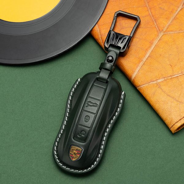 För Porsche Cayenne Taycan Nyckelskydd Panamera Macan718/911 Bilnyckel Skyddsskal Äkta Läder Väska Brown leather hanging buckle