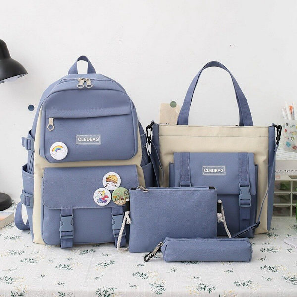 5 stk Sett Ryggsekker For Student Skoleveske For Jenter Multifunksjonelle Skoleryggsekker Håndveske Stor Kapasitet Jenters Pennal 4pcs blue
