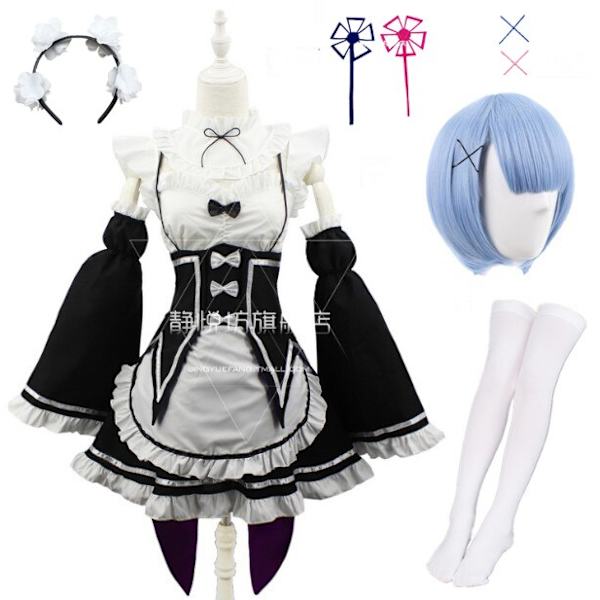 Ram/Rem Cosplay Re:zero Kara Hajimeru Isekai Seikatsu musta sininen punainen asu piika palvelijatar mekko package 2 XXL