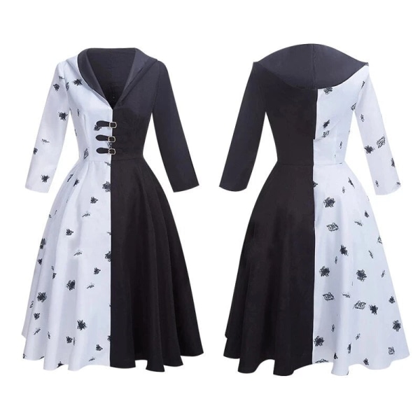 Cruella De Ville Film Cosplay Kostym Kvinnor Flickor Klänning Svart Vit Klänning med Handskar Peruk Halloween Karneval Party Kostymer C XL