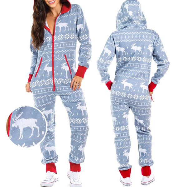 Julepysjamas i ett stykke for kvinner med hette, Santa-mønster, koselige jumpsuiter for voksne, festlig hjemmeklær Cat L