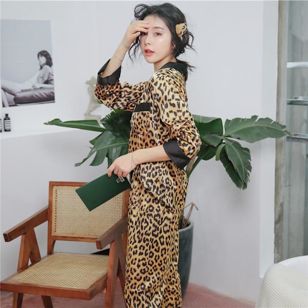 Leopardmønstret Sexy Langermet Pyjamas Dame Imitert Ekte Silke Nattøy Leopard print M