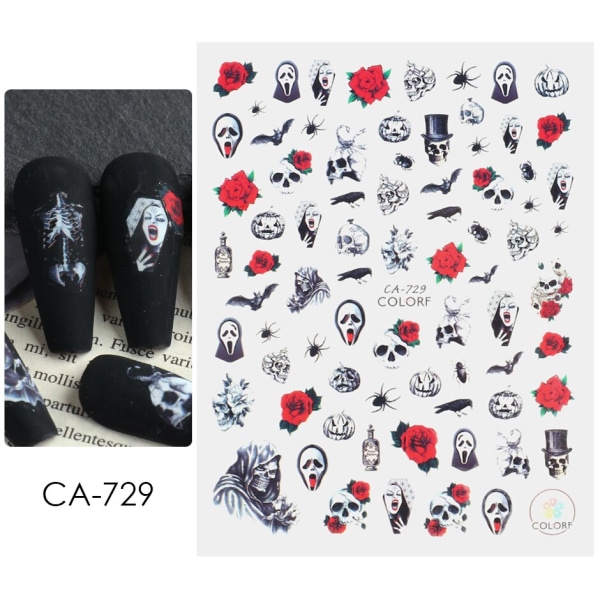 Halloween Anime Nails Stickers Terror Gothic Style Skalle Svart Snake Dekaler 3D Nyår Sliders Manikyrdekorationer LECA725-732 STZ-G032 Black