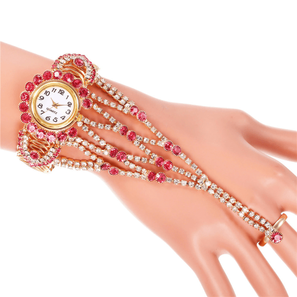 Trendiga kvinnors Diamond Claw Chain Ring Set Watch Red