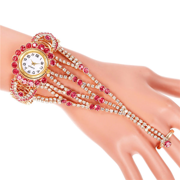 Trendy Dame Diamant Klo Kæde Ring Sæt Ur Red