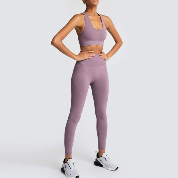 Europeisk och amerikansk enfärgad sömlös stickad höft Yoga Dräkt Tränings Outfit Väst Dräkt Kvinnor 6095 bra set-Deep Purple M