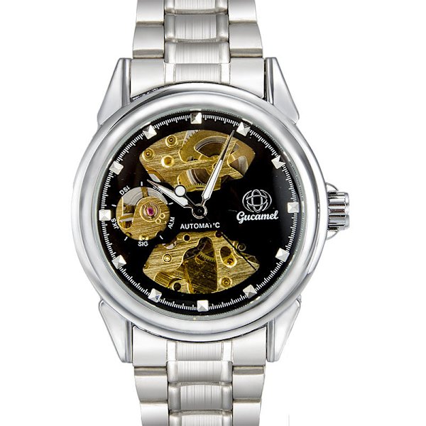 Automatisk Mekanisk Klocka Business Dubbelsidig Urholkad Mode Herrklocka White black steel belt