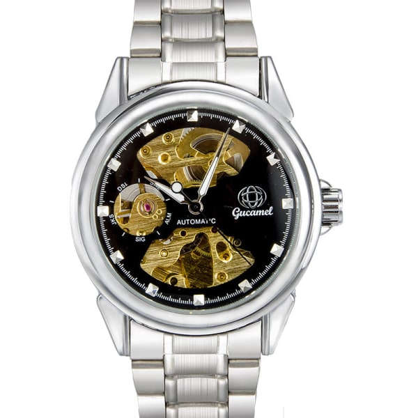 Automatisk mekanisk watch Business dubbelsidig ihålig mode watch White surface steel belt