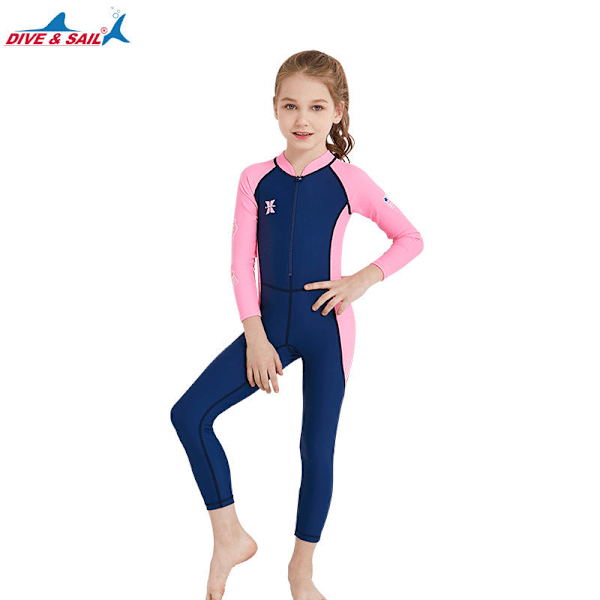 Badedragt til lille pige, ét stykke, lange ærmer, solbeskyttelse, hurtigtørrende, dykkerbørn, tøj, badetøj Women's dark blue L