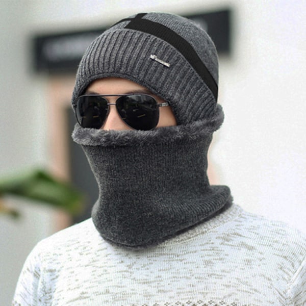 Herre Vinter Fleeceforet Fortykket Geometrisk Strikket Varm Pullover Hue Cykling Trend Tørklæde Todelt Sæt Uldhat Gray