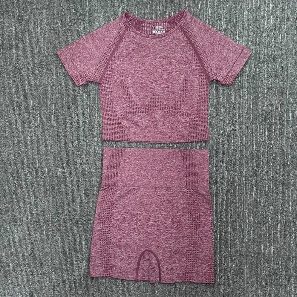 Yoga Sæt Sømløs Langærmet Crop Top Højtaljede Gym Fitness Leggings Til Kvinder PantSet-Pink M