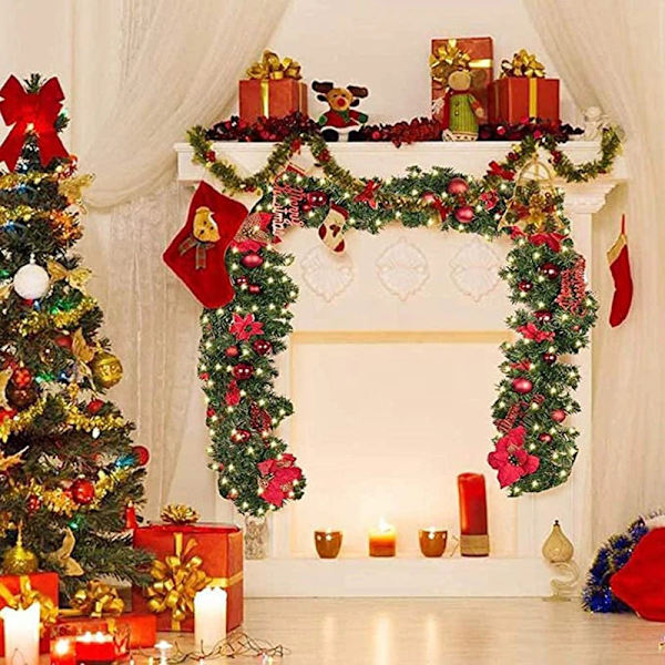 2,7M Jule LED Garland Dekor Krans LED Rattan Garland Dekorativ Grønn Jul Kunstig Juletre Rattan Banner Pinecone RGB LED