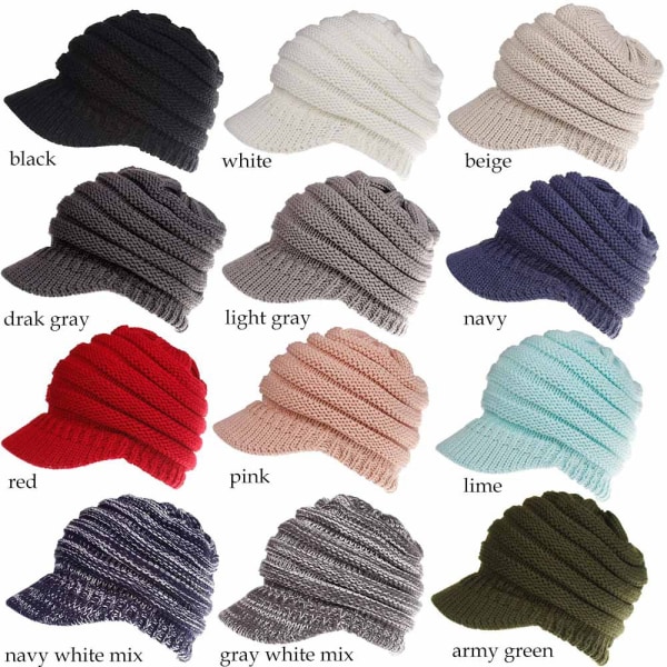 Lippalakki, jossa aukko takana poninhännälle, syksyn ja talven villalakki naisille, 12 väriä Beige M（56-58cm）