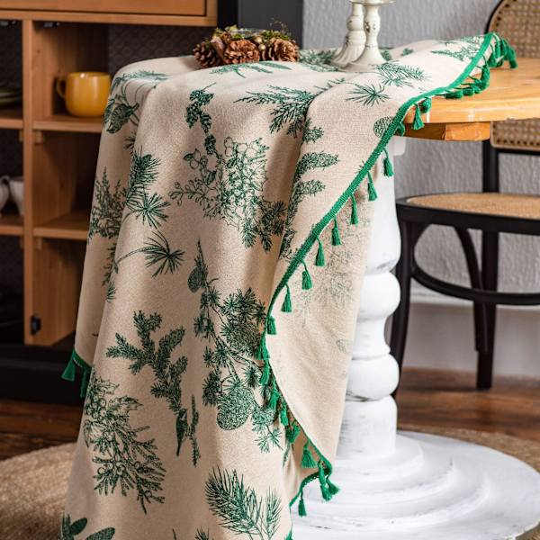 Bomulls-lin duk grønn furugren trykt duk koreansk serviett trykt kaffeduk Green Pine Cone Round 150cm