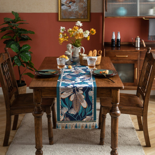 Amerikansk tofs Retro Bordslöpare Jacquard Etnisk Stil Polyester Duk Bordslöpare Docksvans Flagga Överdrag Handduk Blue Corn blue tassel 35X140