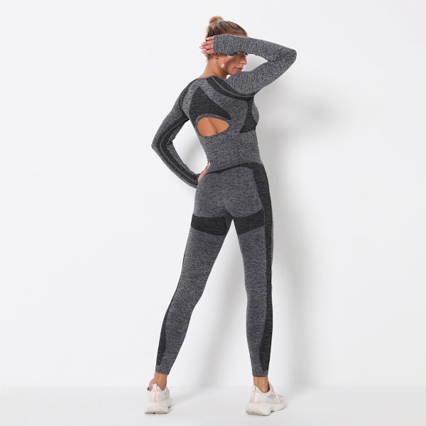 Eurooppalainen ja amerikkalainen saumaton ontto jooga-asu, lantiota kohottavat joogahousut, urheilulliset korkeavyötäröiset tiukat fitness-housut ja -toppi naisille 9169 long-sleeve suit-Black S