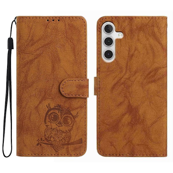 Fodral för Samsung Galaxy A16 4G 5G Uggla Präglat PU Läder Plånbok Telefonfodral med Handledsrem - Pur Brown