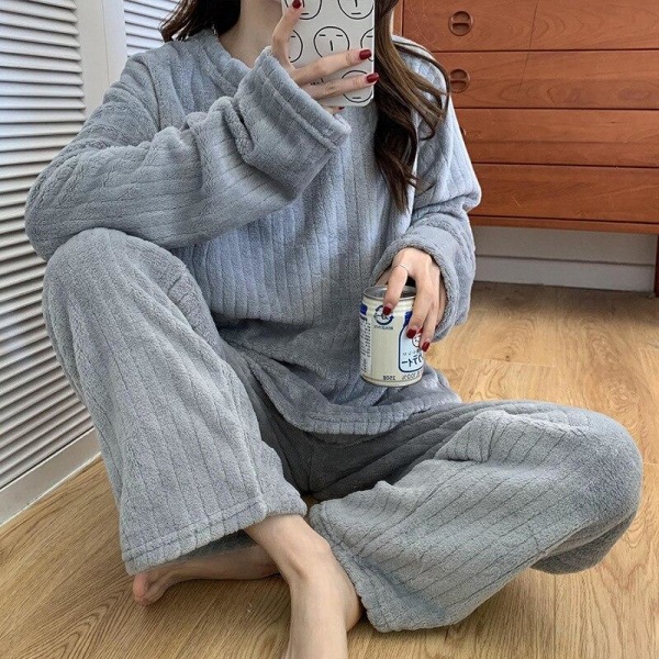 Vinter Varme Flanel Dame Pyjamas Sæt Plys Fløjl Langærmet Nattøj Koral Fleece Piger Hjemmetøj Pink