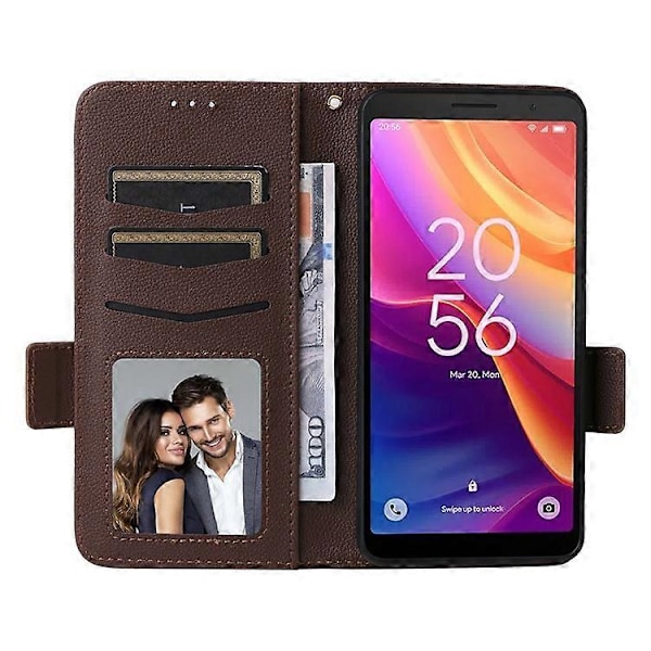 Kompatibelt för TCL 501 T433D Läderfodral Plånboksställ Litchi Textur Telefonskal Grossist Brown