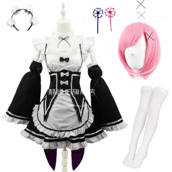 Ram/Rem Cosplay Re:zero Kara Hajimeru Isekai Seikatsu musta sininen punainen asu piika palvelijatar mekko package 3 XXL