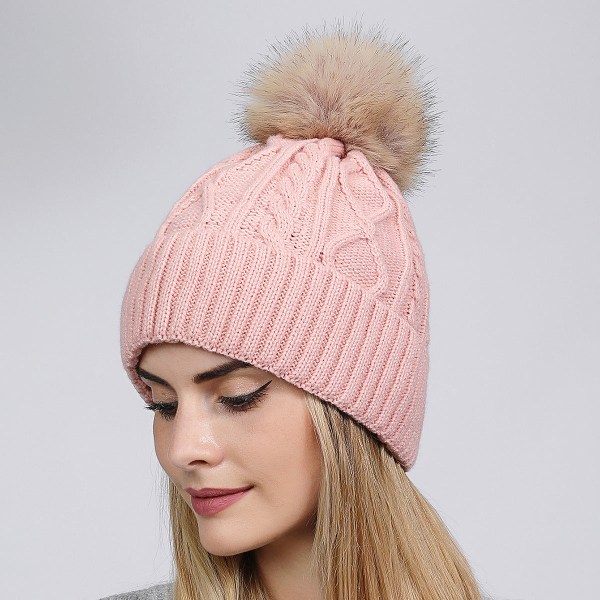 Universal Höst och Vinter Stor Pälsboll Ullmössa Diamantvriden Enfärgad Enkellager Uppvikt Varm Stickad Hatt Dam Pink Average size