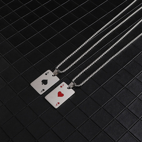 Herre Statement Poker Lucky Ace of Spades Vedhæng Halskæde Rød Sort Sølvfarve Rustfrit Stål Lang Kæde Halskæder Smykker mosaic