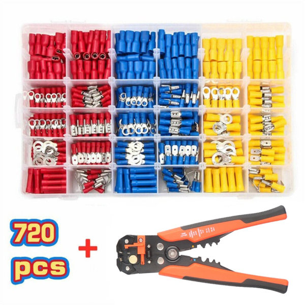 480 kpl valikoituja litteitä liittimiä, eristetty kaapelikytkin, sähköjohdon puristusliitin, rengas, haarukka, sarja, rengaskorvakkeet, valssattu sarja + pihdit As photo 280Pcs