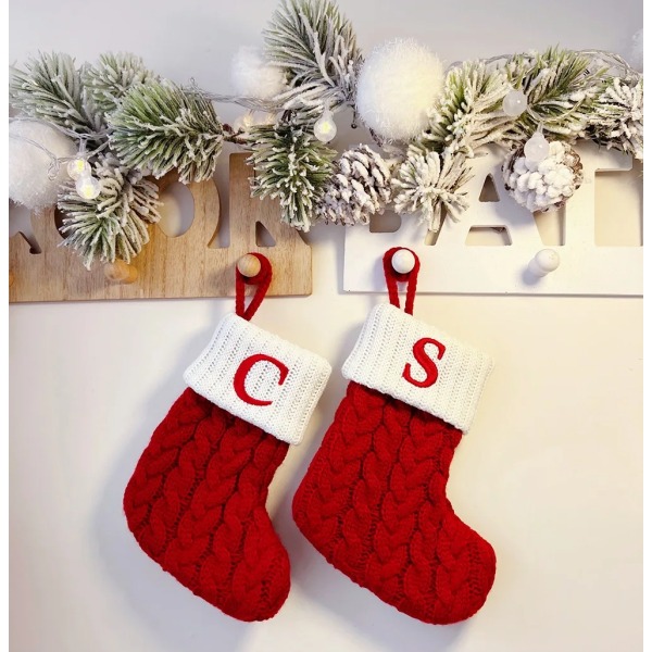 Hängbar Röd stickad Julstrumpa Snöflinga Bokstav Julstrumpa Julgranshängande Ornament 2024 Navidad Natal Xams C