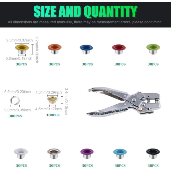 Monivärinen purjerenkaiden sarja 540 kpl 5 mm, metalliset niitit asennustyökaluilla askarteluun, korjaukseen ja koristeluun. 540pcs 12 colors