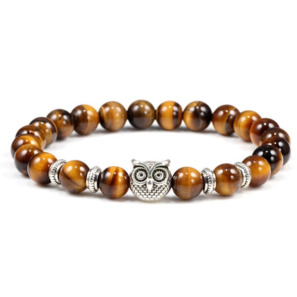 Sort Lava Tigerøje Vejrslidt Sten Armbånd Armringe Klassisk Ugle Perlebesat Naturlig Charme Armbånd til Kvinder og Mænd Yoga Smykker Weathered Stone Owl