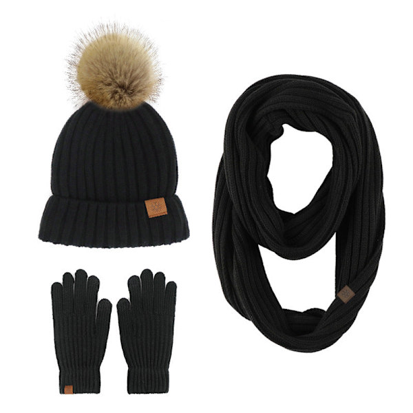Stickad Mössa Halsduk Handskar Tredelat Set Utomhus Håll Varmt Halsduksset Black three-piece set