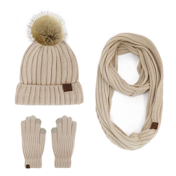 Stickad Mössa Halsduk Handskar Tredelat Set Utomhus Håll Varmt Halsduksset Gray three-piece set
