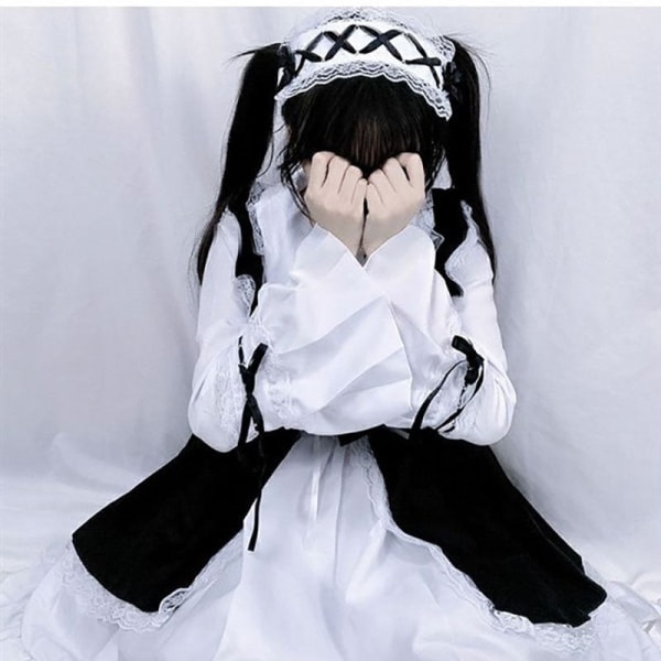 Kvinnor Piga Outfit Lolita Cosplay Söt Sexig Erotisk Kawaii Cafe Kostym Svart Vit Män Uniform Förkläde Klänning Söt Bowknot Mucama Women Size XXL