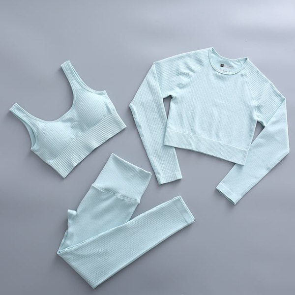 Set Kvinnor Gym Kläder Kvinnliga Yogabyxor med hög midja Träningsoverall Kvinnor Fitness Kläder Bra Pants Blue M