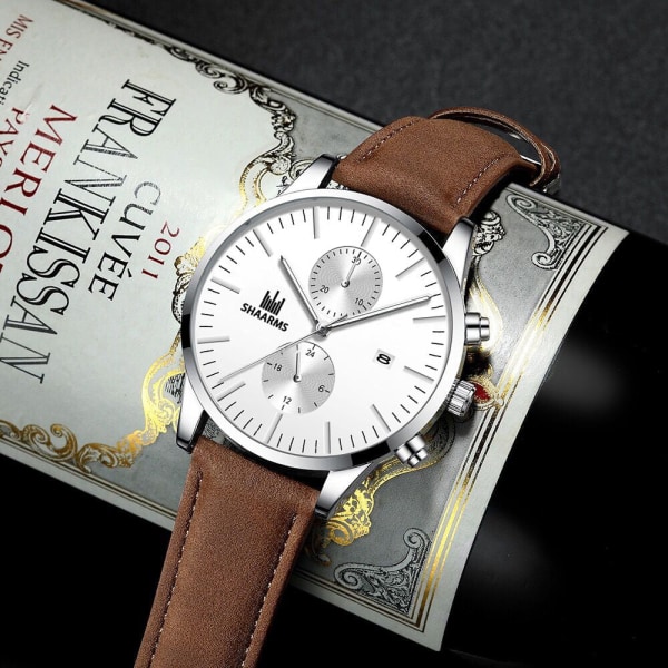 Elegant Business Herreklokke Enkle Falske Øyne Med Kalender Quartz Lærreims Klokke Herre Black