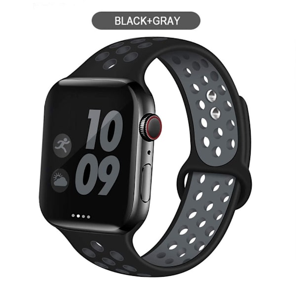 Silikoniranneke Apple Watch -rannekkeelle 44mm 40mm 38mm 42mm Hengittävä urheiluranneke iWatch serie 5 4 3 2 SE 6 -kellon ranneke Black gray 38MM or 40MM-M L
